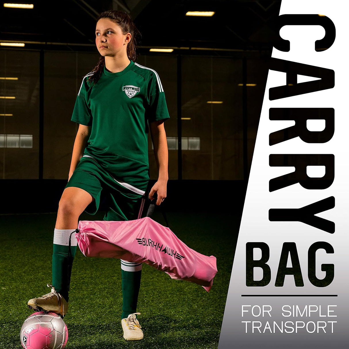 Porteria de futbol con red y bolso, color rosado, para juegos