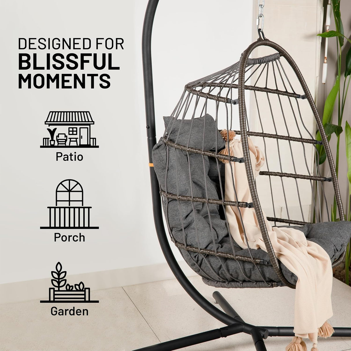 Silla colgante SereneLife, soporte acero, cojín, reposacabezas