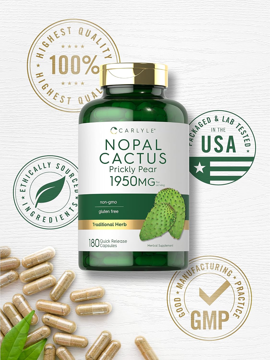 Suplemento de Nopal Carlyle 1950 mg | 180 Cápsulas Sin Gluten