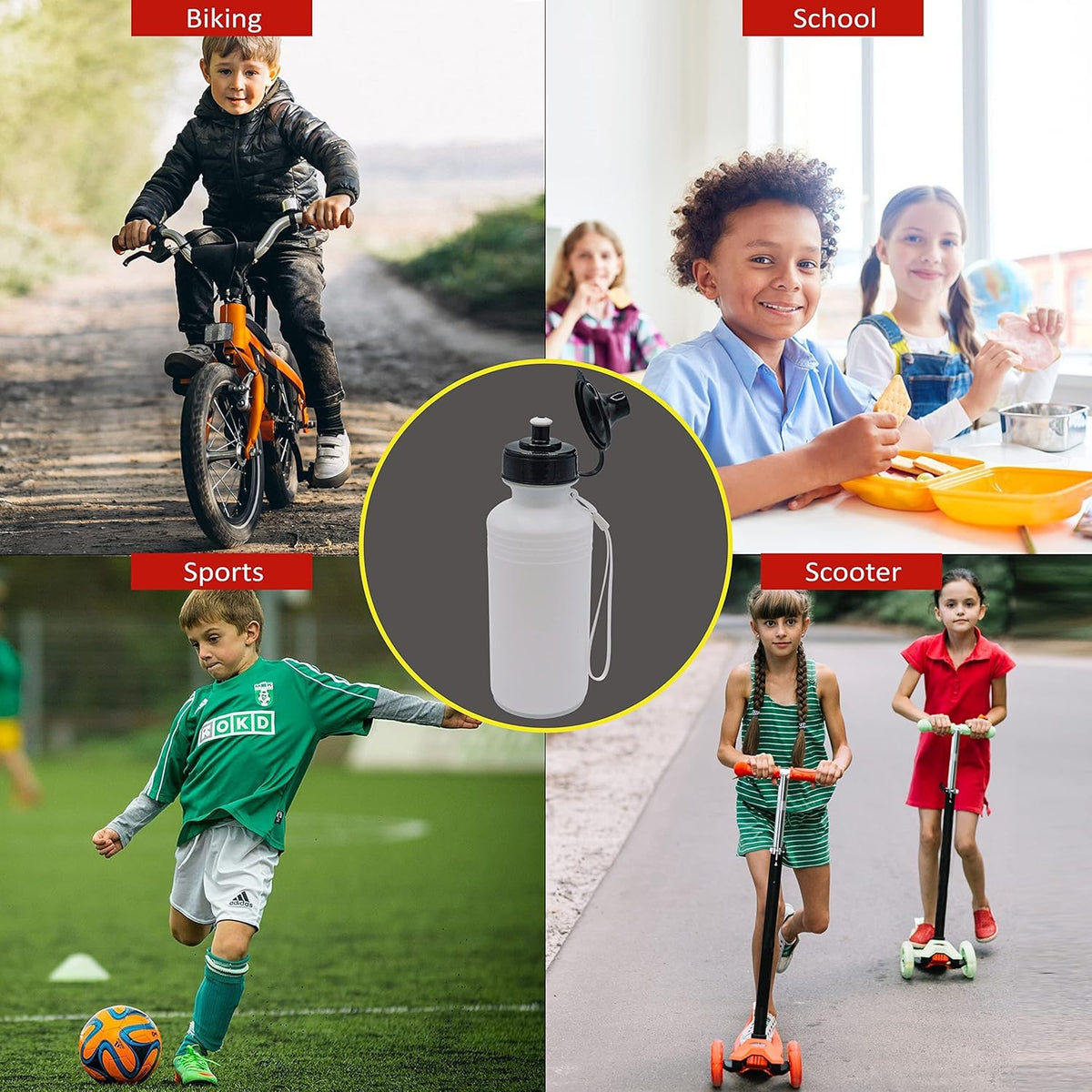 4E's Novelty 12 botellas de agua deportivas a granel (paquete de 12) botellas de agua de plástico reutilizables de 18 onzas, sin BPA, botellas de agua para niños escolares