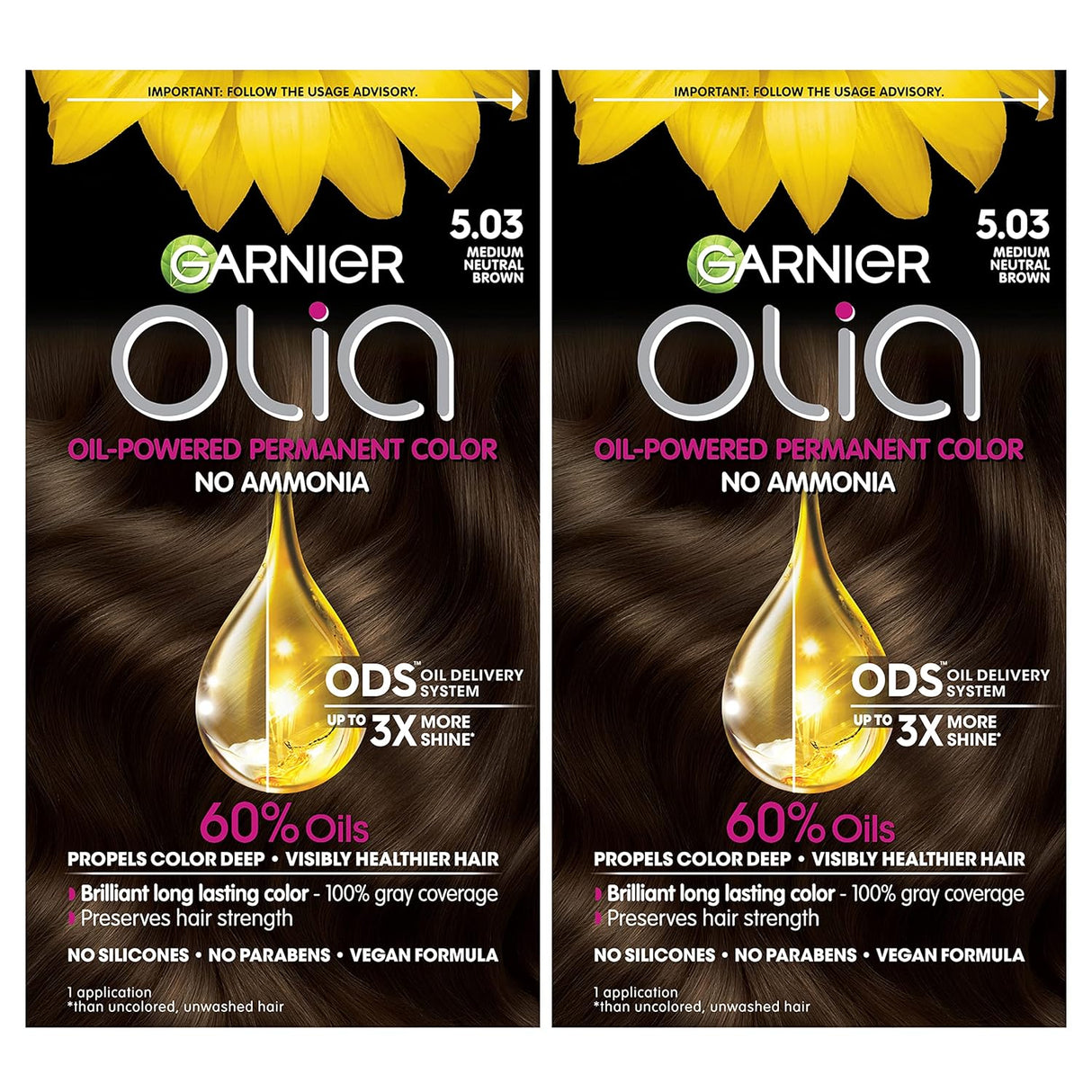 Garnier Olia tinte marrón neutro medio, 2 unidades.