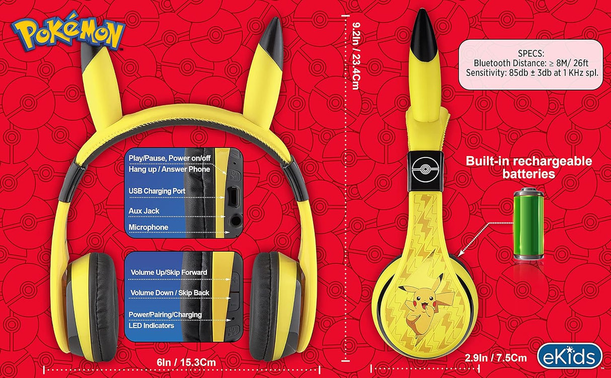 Auriculares Bluetooth eKids Pokémon para Niños, Plegables y Seguros