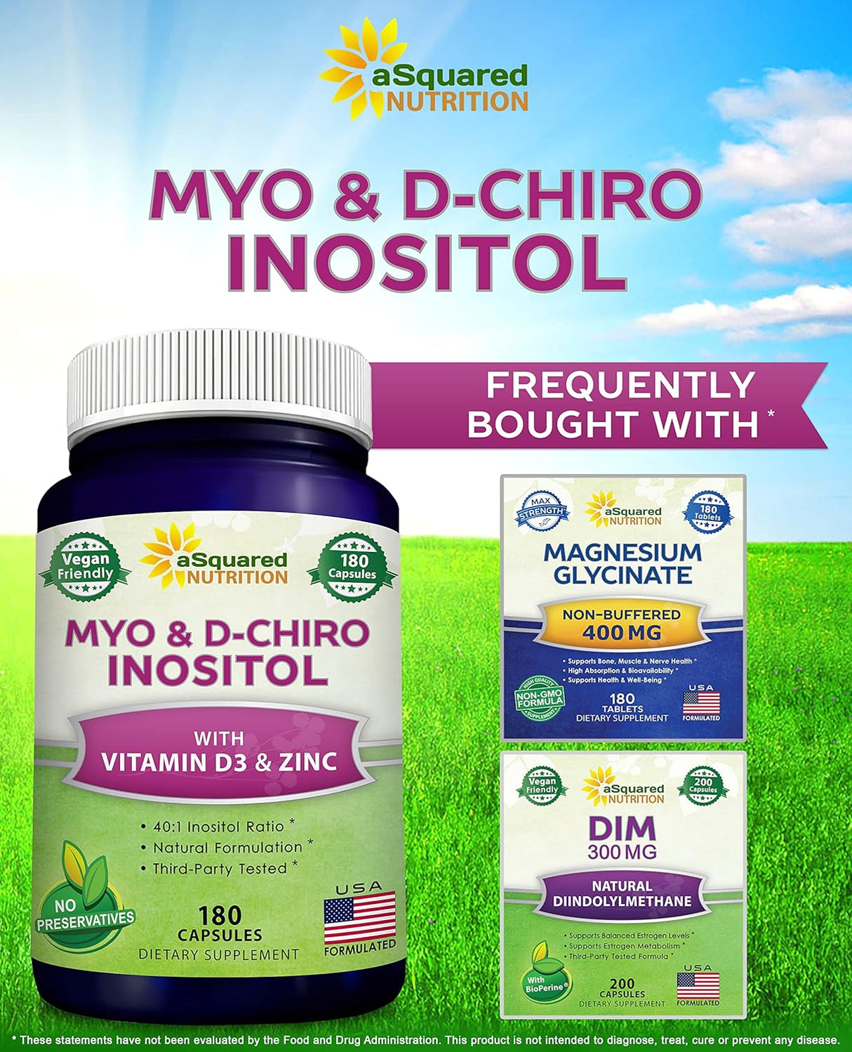 aSquared Nutrition Suplemento de mio-inositol y D-Chiro inositol - 180 cápsulas - Más vitamina D3 y zinc - Proporción de mio y D-Chiro inositol 40 a 1 - Píldoras del complejo VIT B8