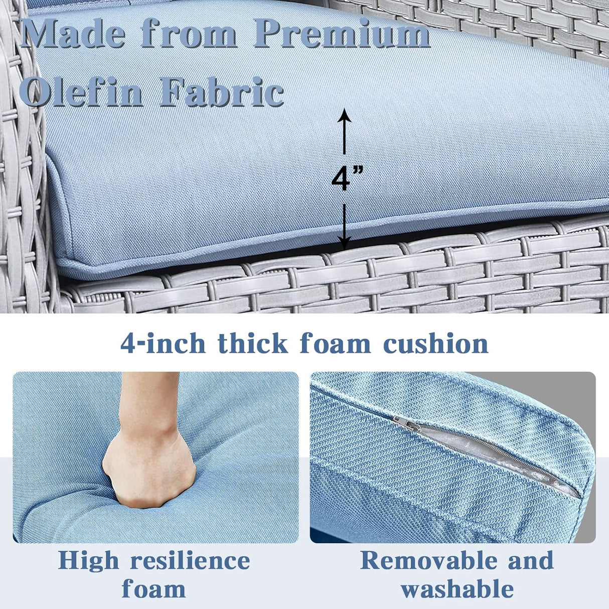 Belord Juego de muebles de patio al aire libre de 5 piezas, muebles de mimbre para conversación, sillas mecedoras giratorias para exteriores con sofá de 3 plazas y 2 otomanas para espacios pequeños, cojín azul bebé