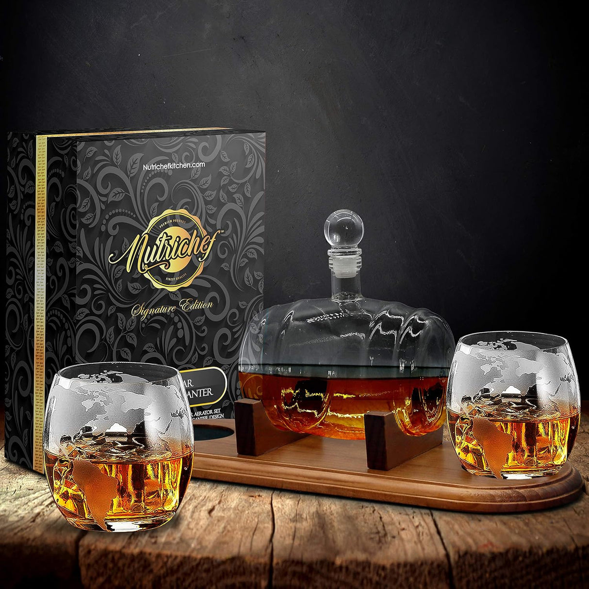 Decantador de whisky de vidrio NutriChef 750ml set con vasos NCGDS19