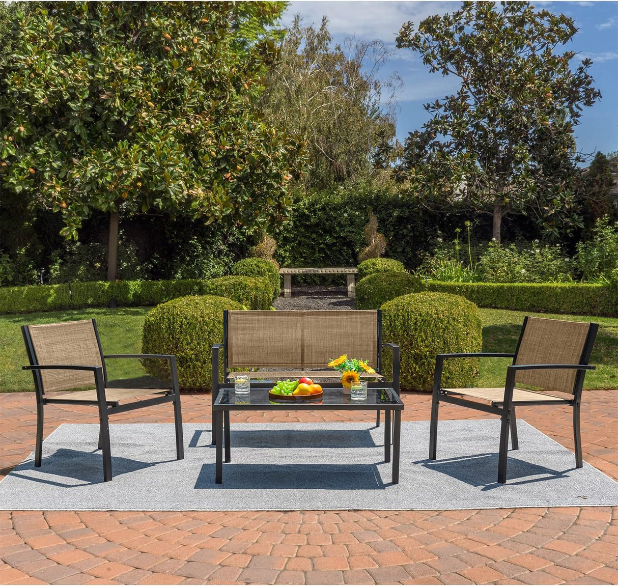 Devoko - Juego de 4 piezas de muebles de patio para el aire libre, para jardín, sillones y mesa de café de cristal para patio o terraza