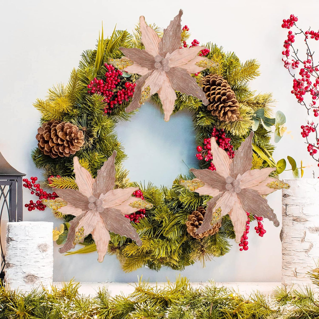 Flores Poinsettia Briful 12'' Artificiales para Decoraciones Navideñas