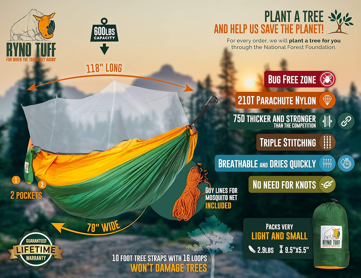 Hamaca Camping Doble con Mosquitero - Resistente 600lbs - XL