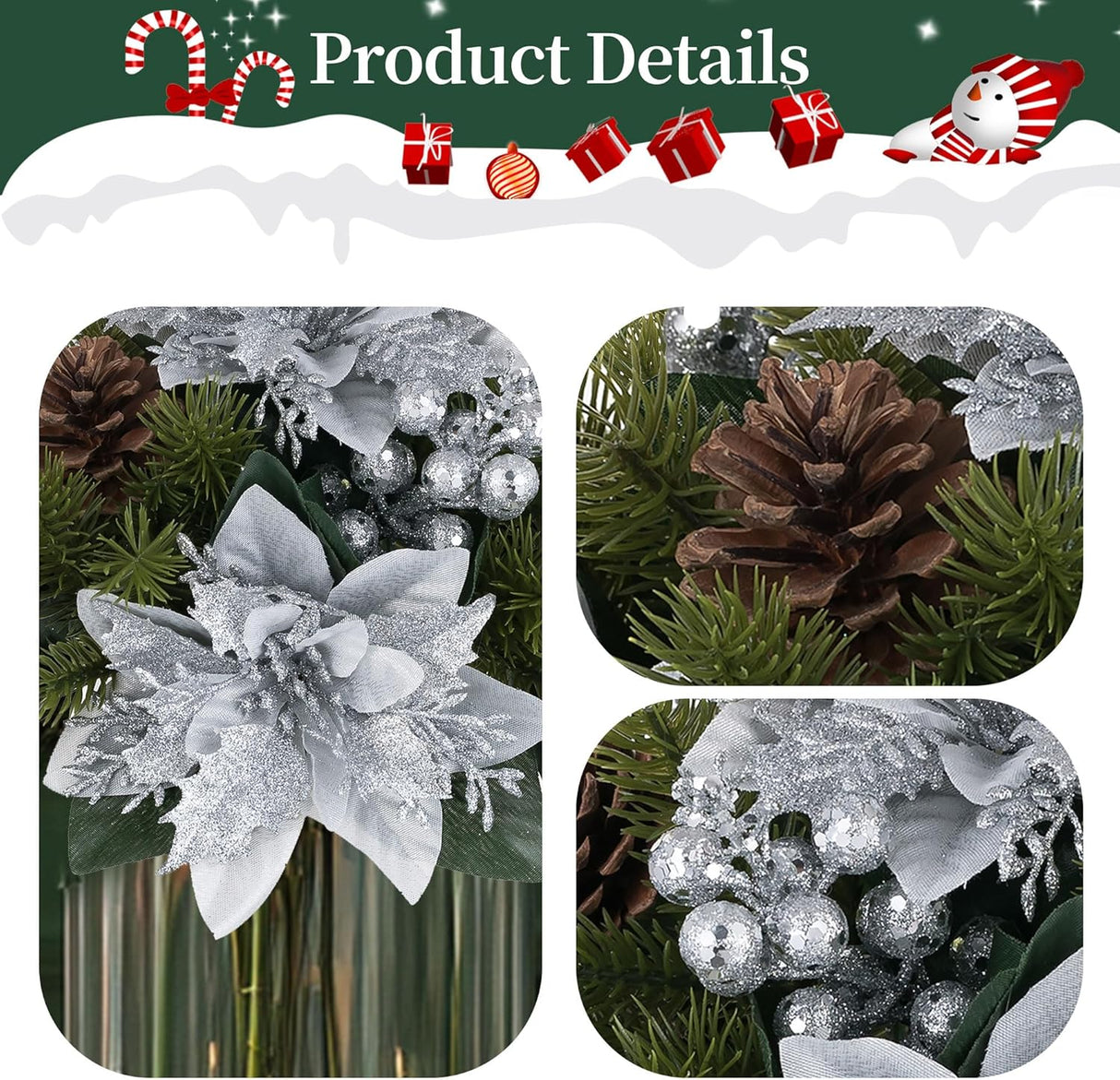 Flores Navideñas Artificiales BLOSMON 6 Pcs Poinsettias Glitter
