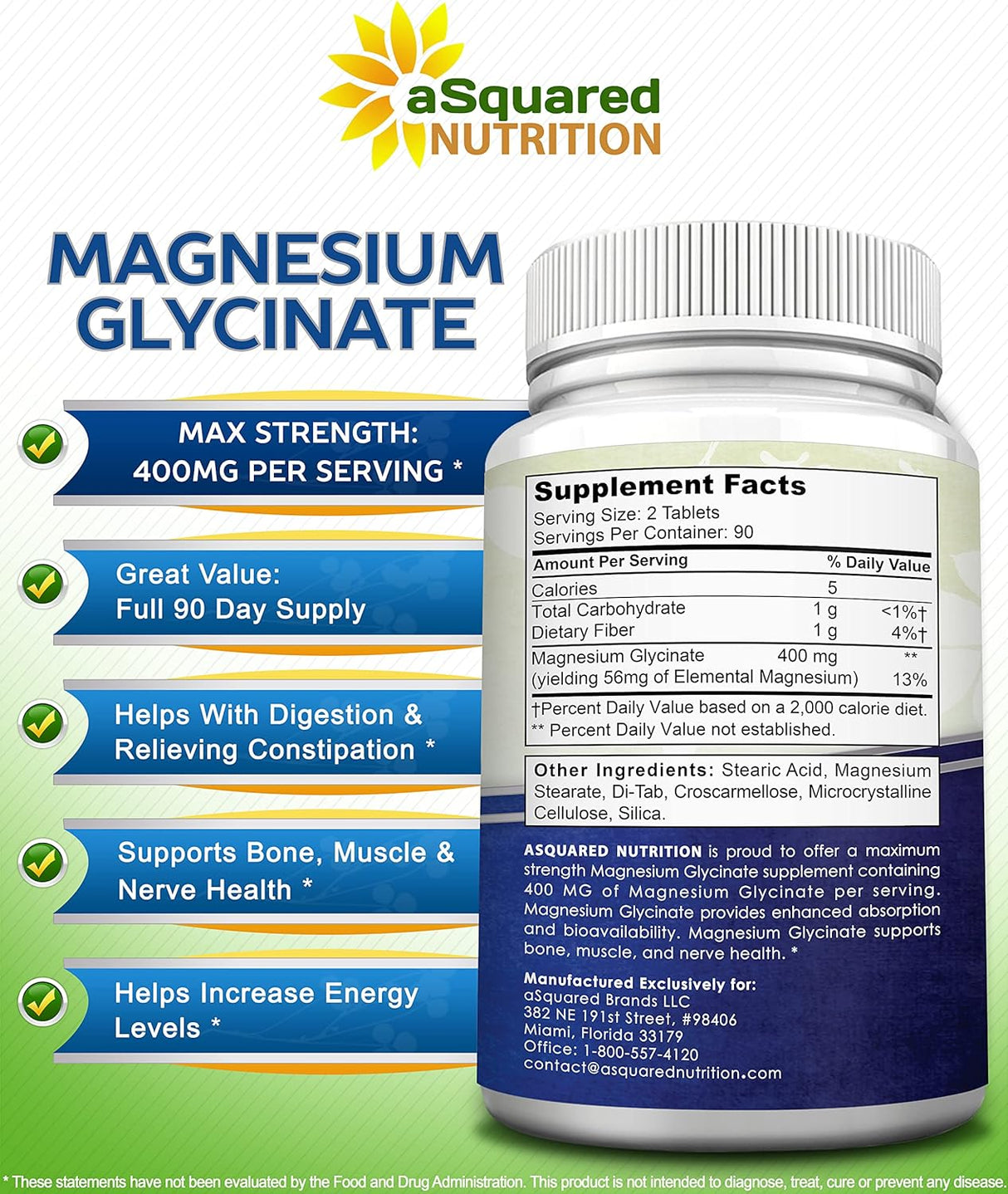 Suplemento Nutrition Glicinato de magnesio 400 mg – 180 tab