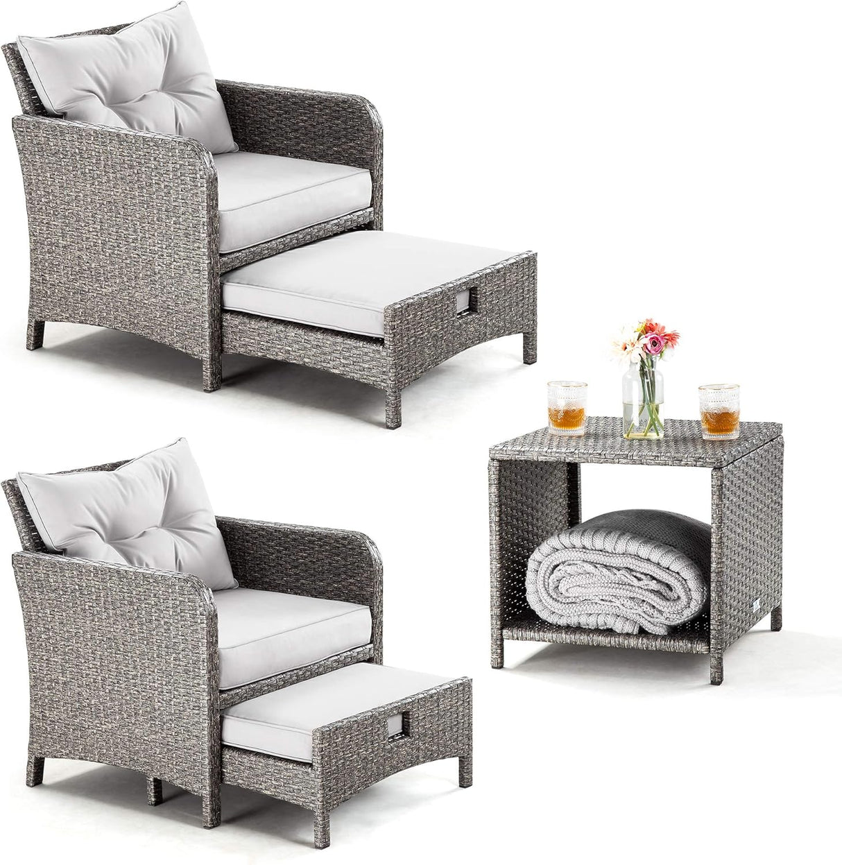 Pamapic Juego de 5 sillas de mimbre para patio al aire libre con otomana. Juego de muebles de conversación exterior con cojines y café para balcón, porche, césped, mesa de jardín (cojín gris + ratán gris claro)