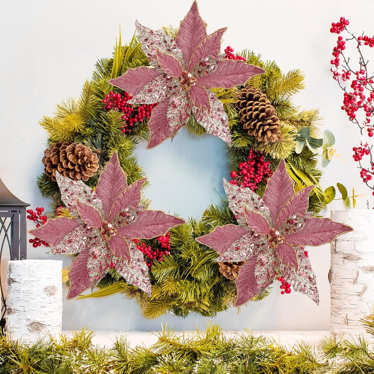 Flores Poinsettia Briful 12'' Artificiales para Decoraciones Navidad