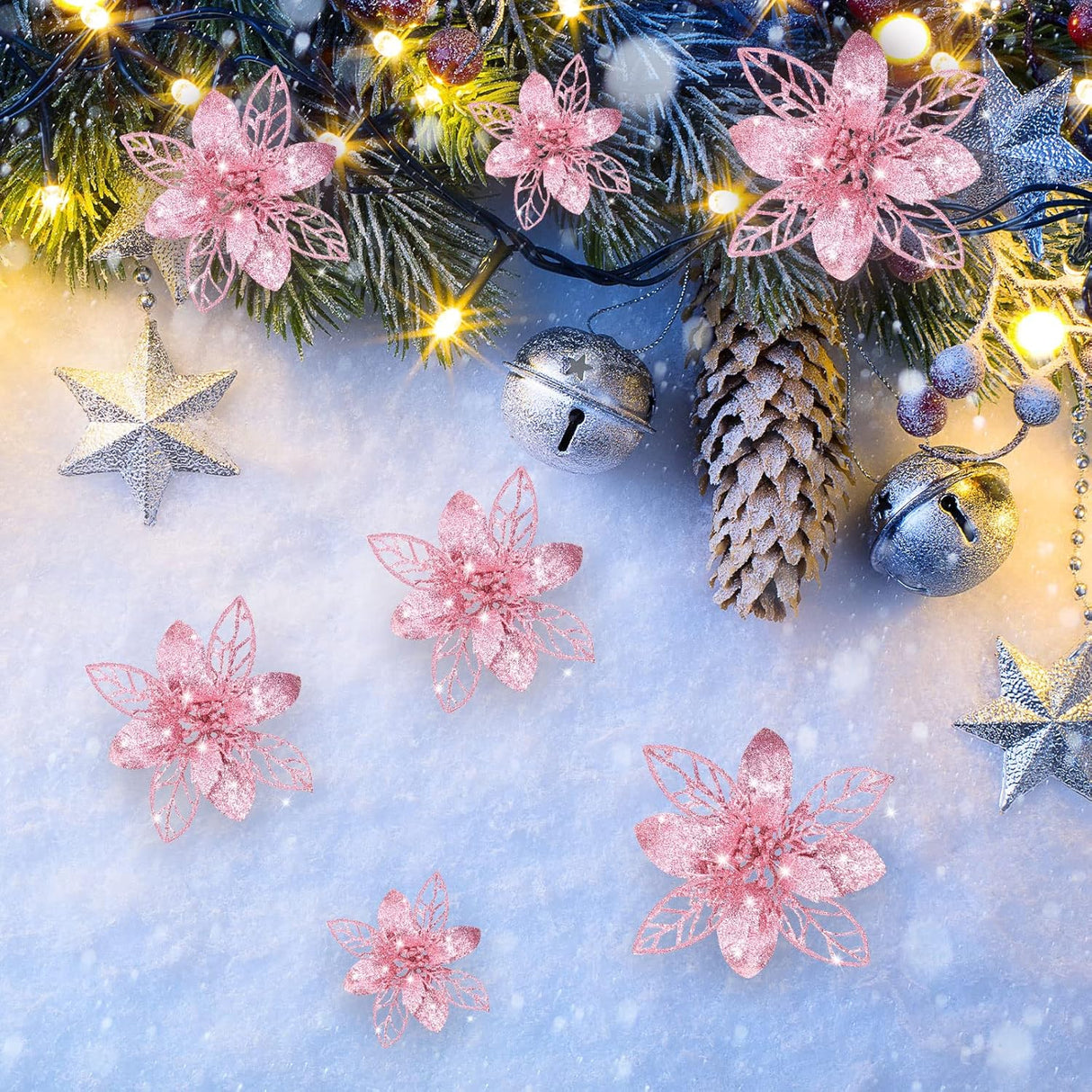 Flores Poinsettia Artificiales Boao 24 Piezas Decoración Navidad