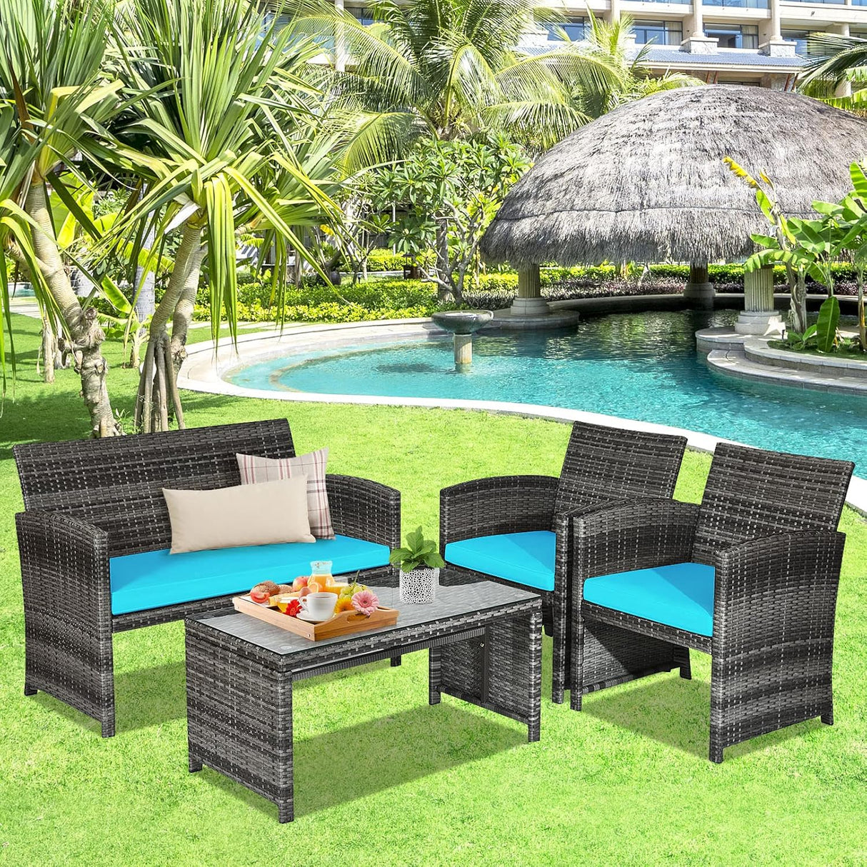 Goplus Juego de muebles de ratán de 4 piezas, sofá de conversación de mimbre para exteriores con cojines resistentes a la intemperie y mesa de vidrio templado para césped, patio, piscina, jardín (turquesa)