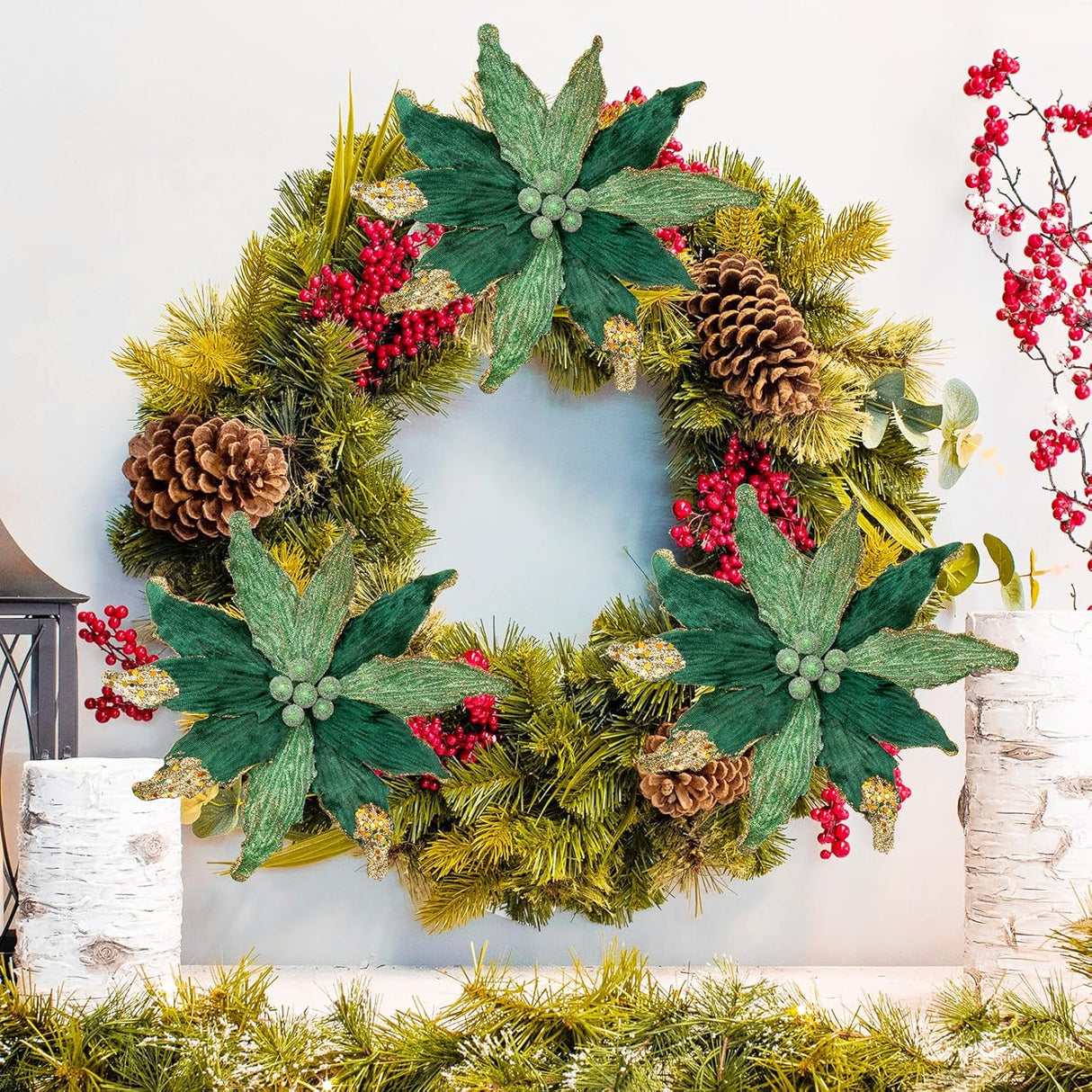 Flores Poinsettia Artificial Briful 12'' Set de 4 para Decorar