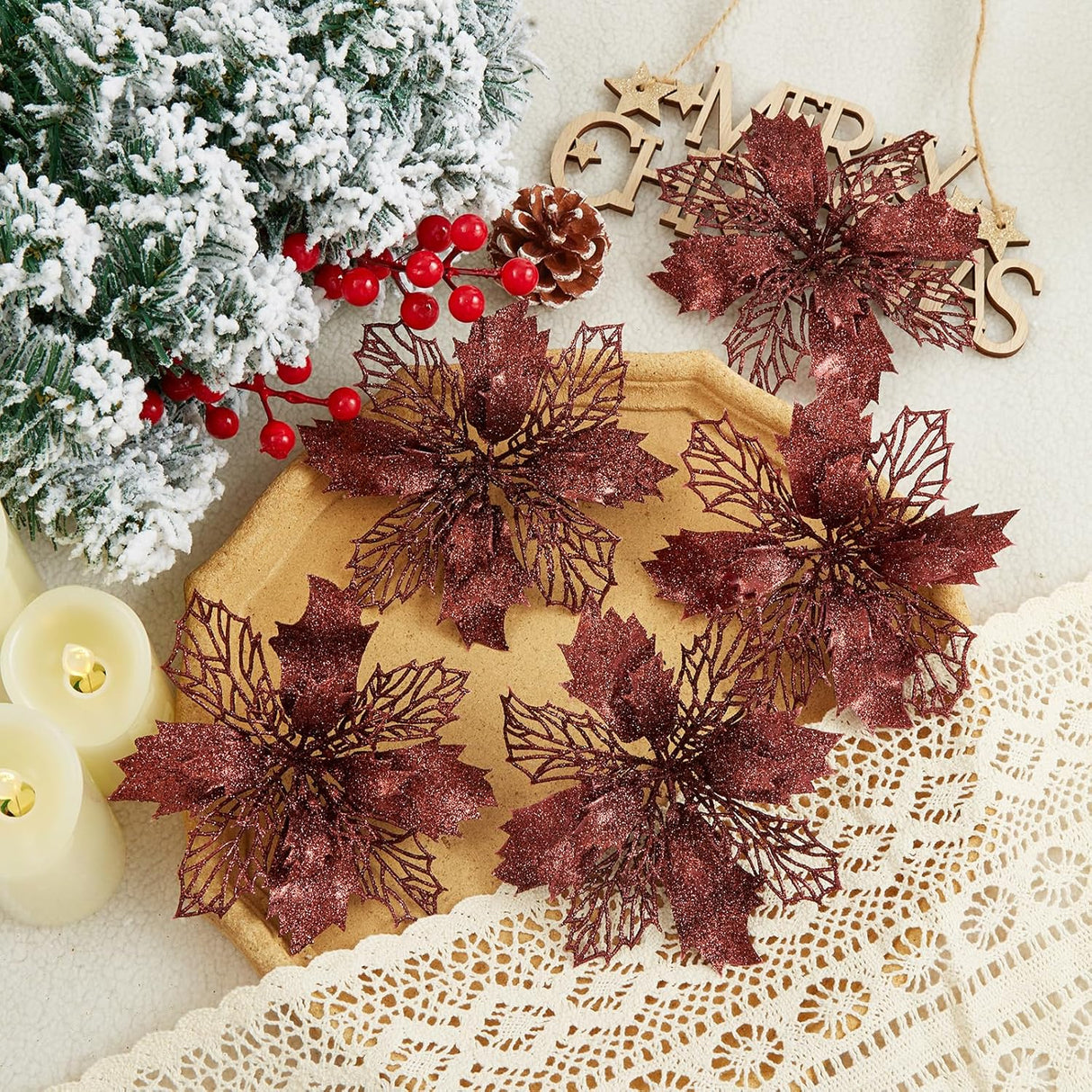 Flores Poinsettia Artificial 16 Pcs - Wironlst, Decoración Navidad