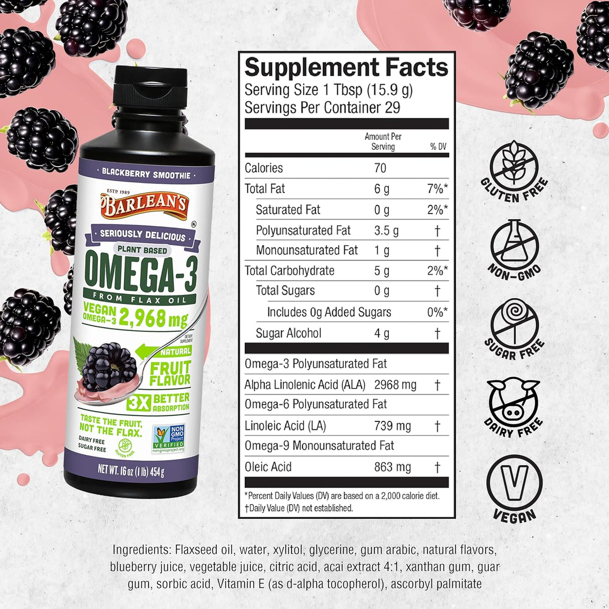 Aceite de Linaza Barlean's, Omega 3 6 9, 16 oz, Vegano