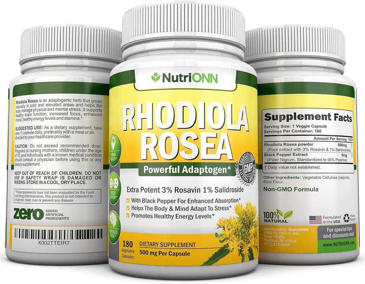 Suplemento Rhodiola Rosea - 500 mg - 180 cápsulas veganas