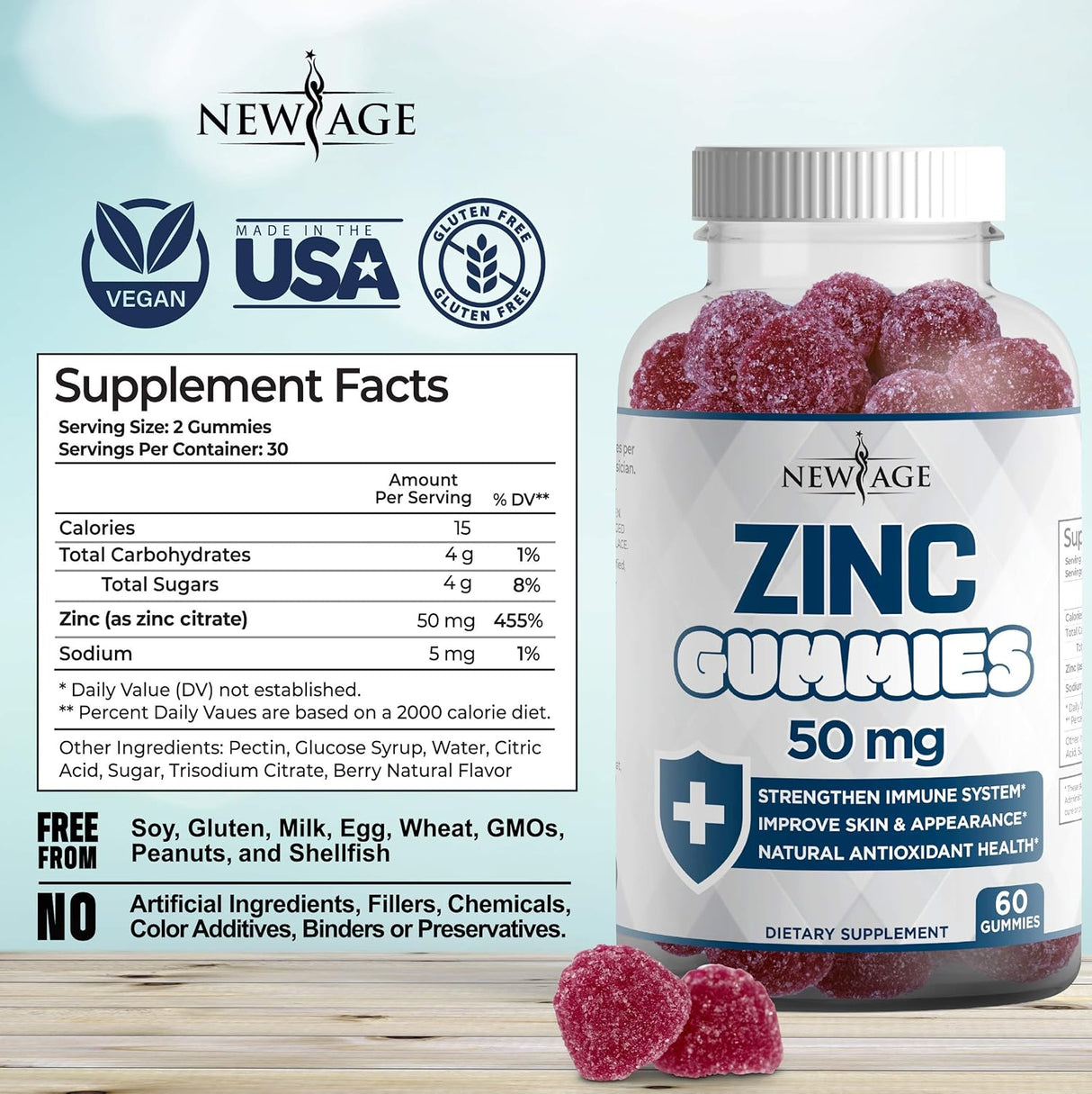 Gomitas de zinc – Paquete de 2 – Suplemento de zinc inmunitario de alta potencia de 50 mg, defensa inmune, potente antioxidante natural, sin OMG, de New Age, 120 unidades
