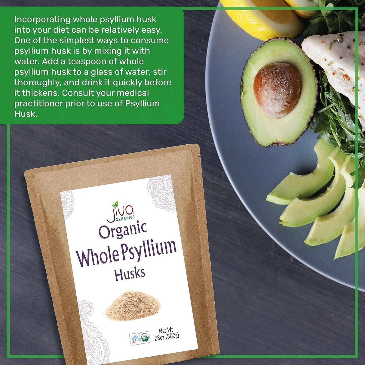 Jiva Organics Psyllium Husk 28 Oz - No GMO, Keto, Fibra Soluble