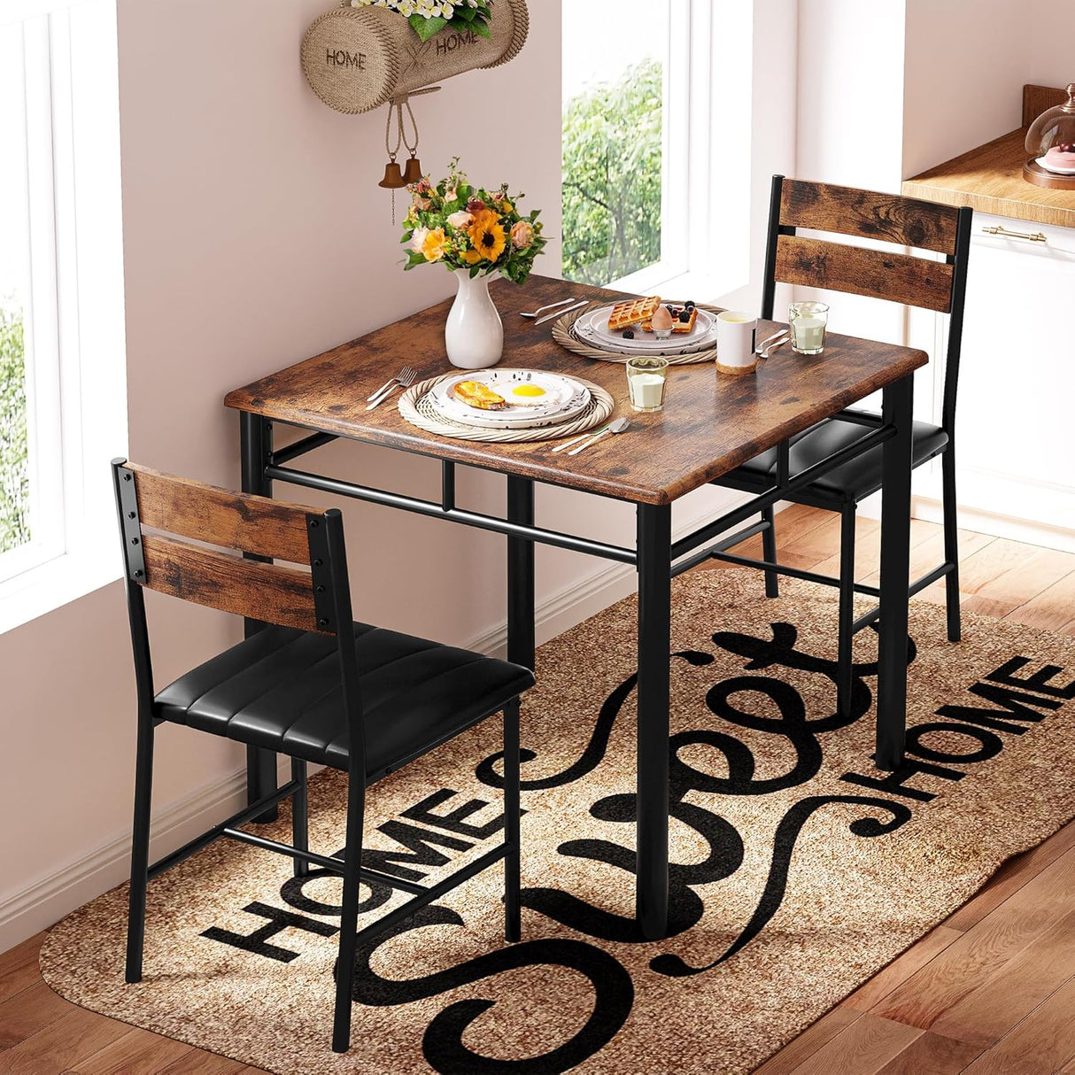 Juego de Mesa de Comedor para 2, Mesa y Sillas Tapizadas