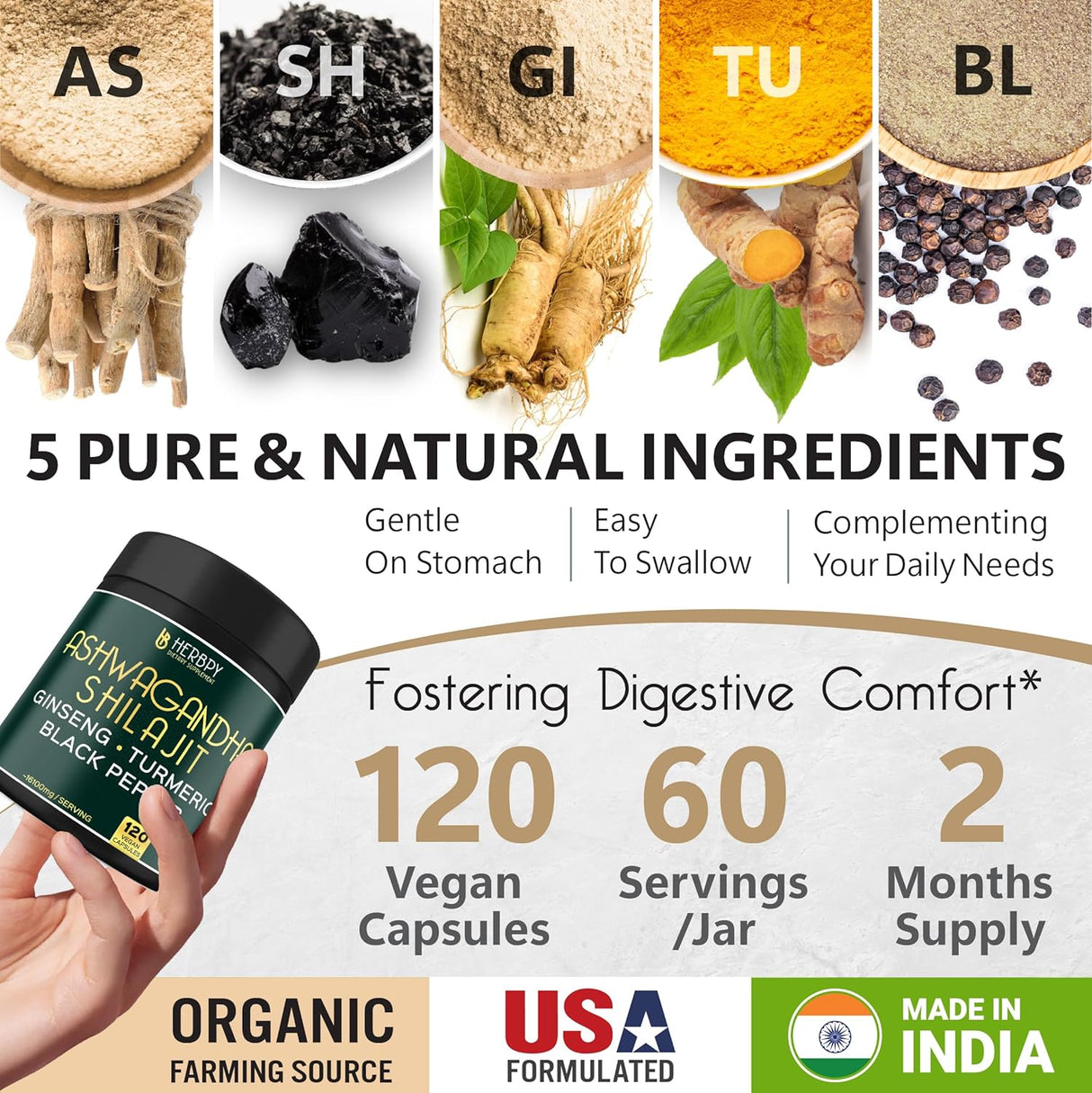 Suplemento 5 en 1 Ashwagandha 16100mg con Shilajit puro