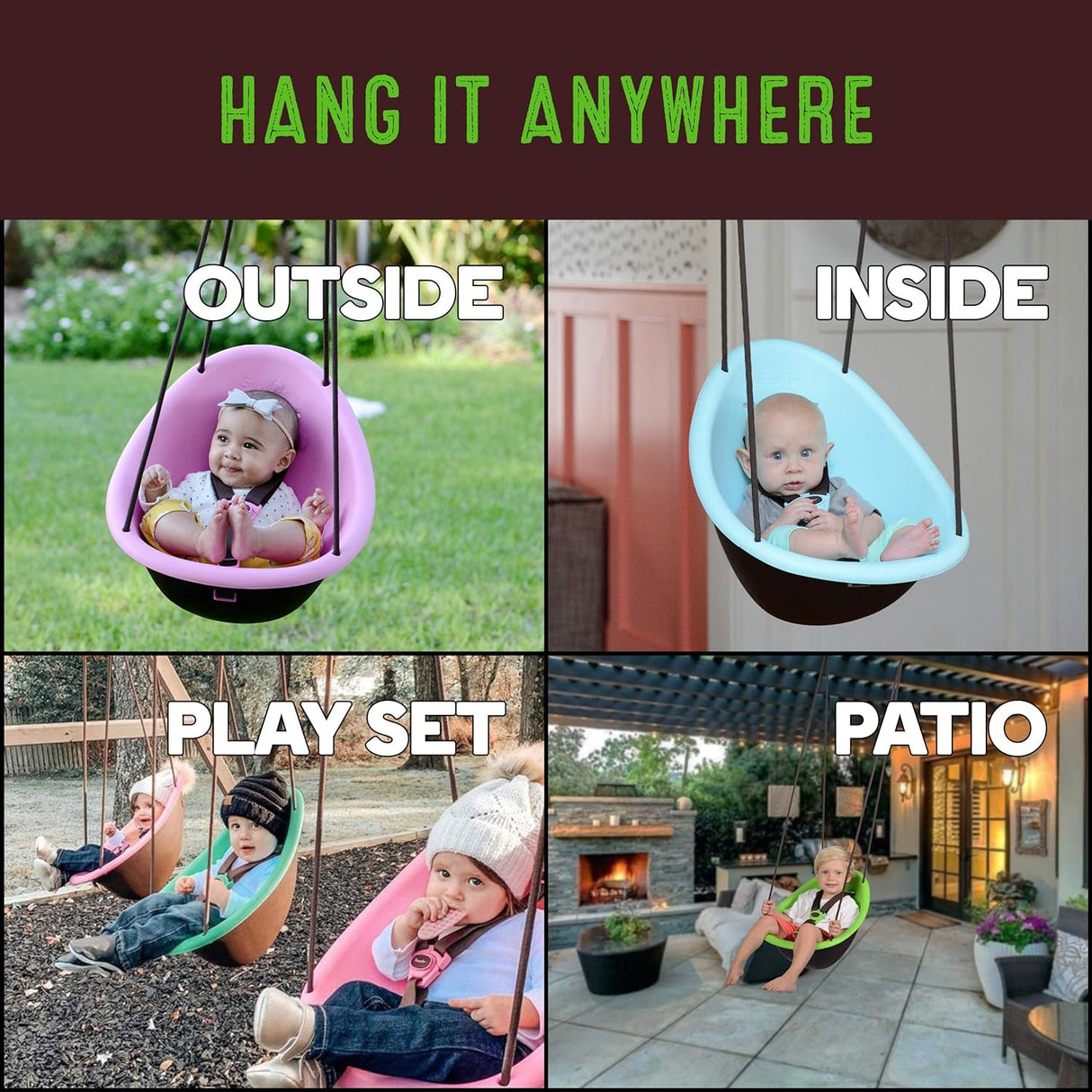 Swurfer Kiwi - Columpio para niños pequeños, cómodo columpio para bebé al aire libre, arnés de seguridad ajustable de 3 puntos, sistema de bloqueo seguro de clic rápido, carcasa forrada de espuma,