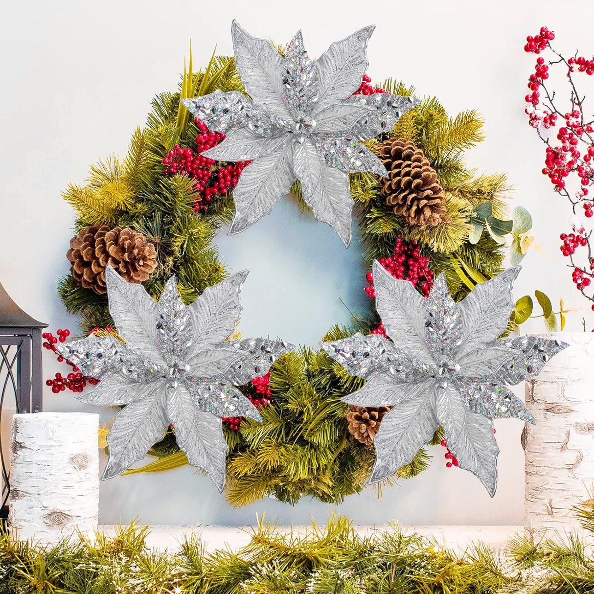 Flores Artificiales Briful 12'' Poinsettia para Decoración Navidad