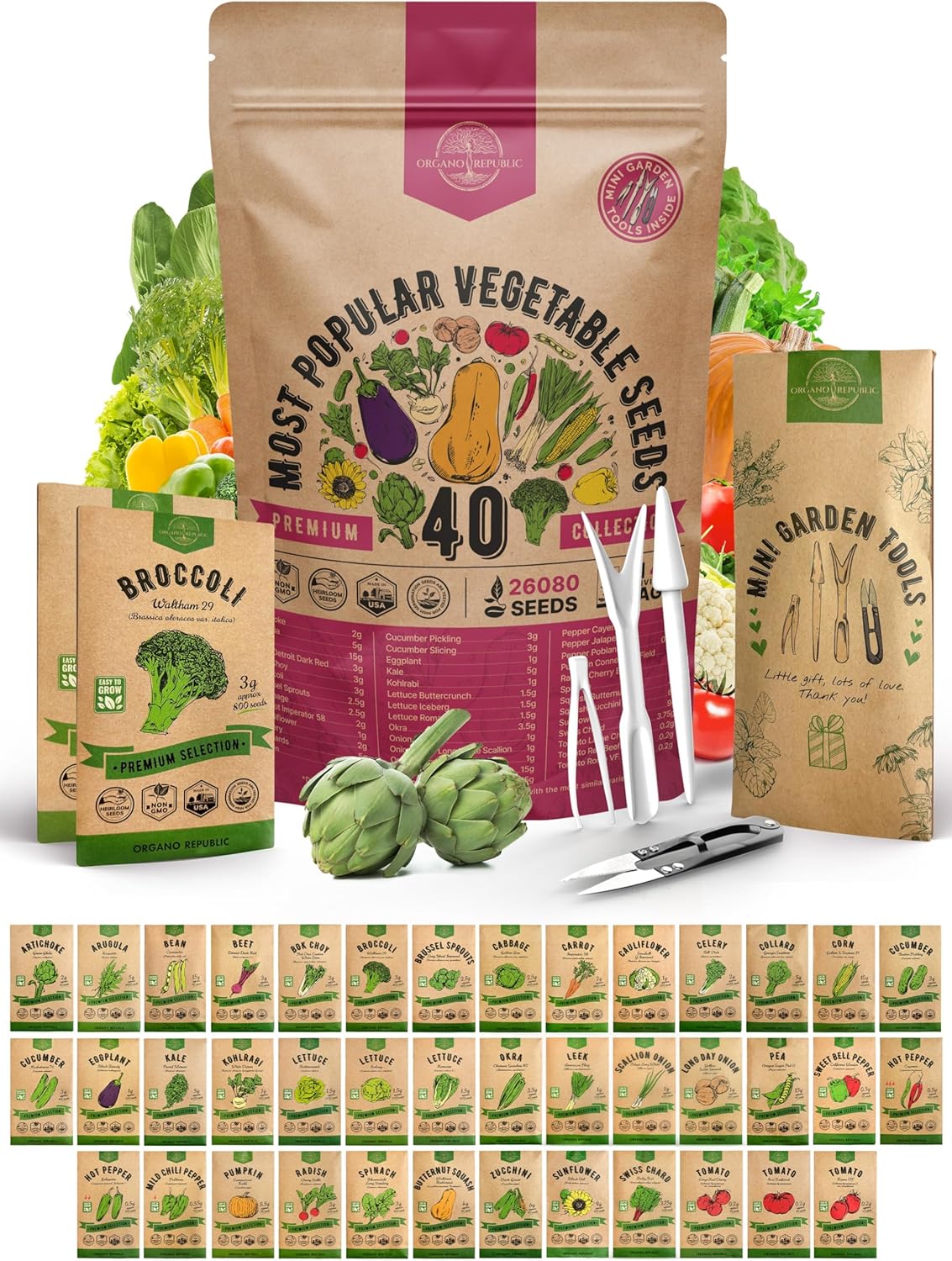 Pack de 40 Semillas de Verduras - No GMO, Heirloom, Variedad
