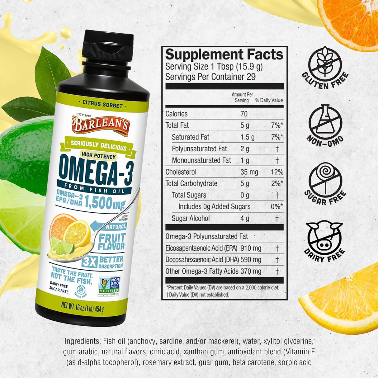 Suplemento de Omega 3 Barlean's, 1500mg EPA & DHA, 16 oz