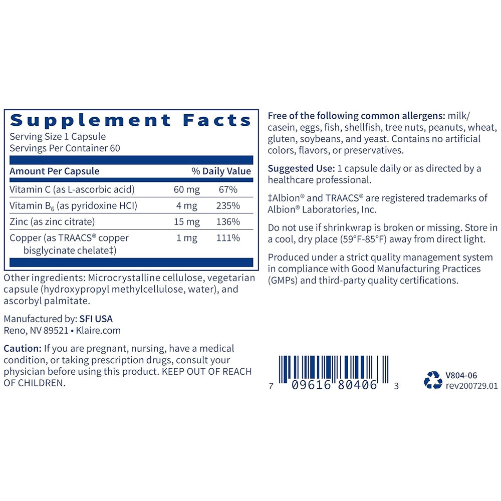 Suplemento de soporte inmunológico de zinc con cobre 60 und