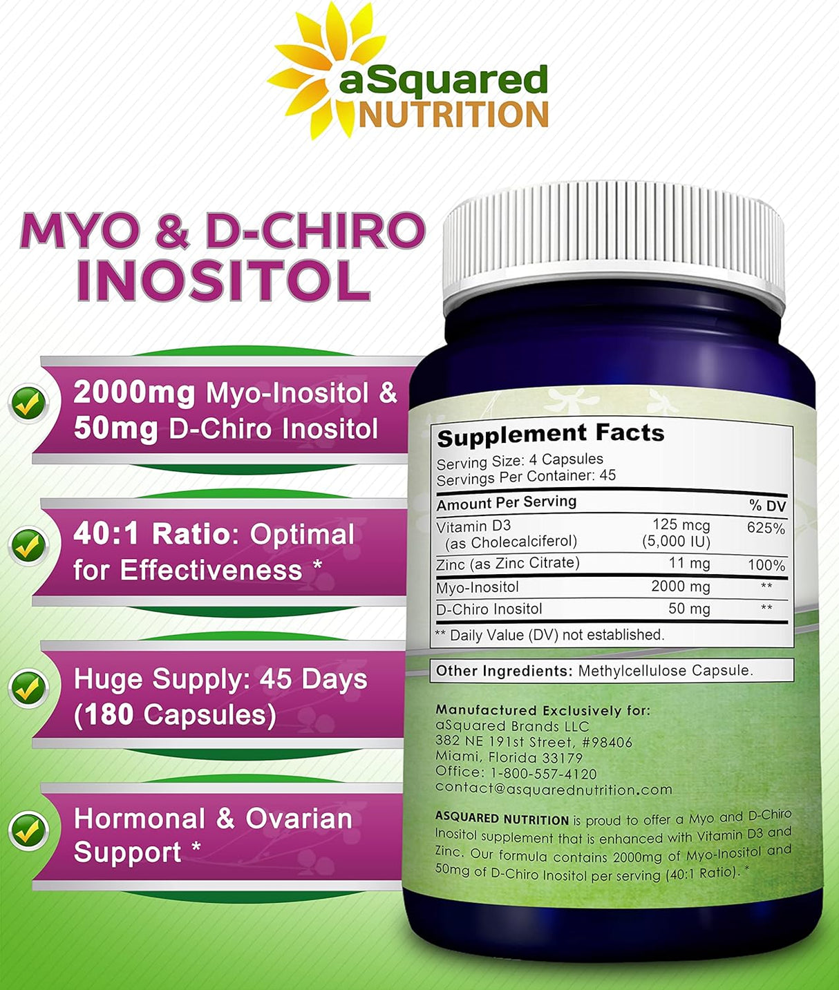 aSquared Nutrition Suplemento de mio-inositol y D-Chiro inositol - 180 cápsulas - Más vitamina D3 y zinc - Proporción de mio y D-Chiro inositol 40 a 1 - Píldoras del complejo VIT B8