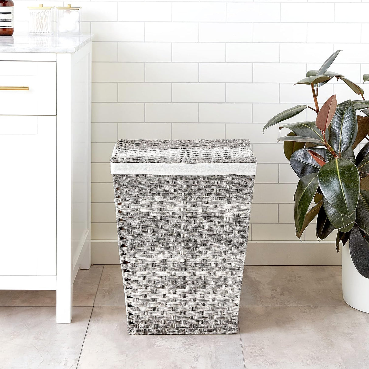 Cesto para ropa sucia con forro y tapa, gris lavado