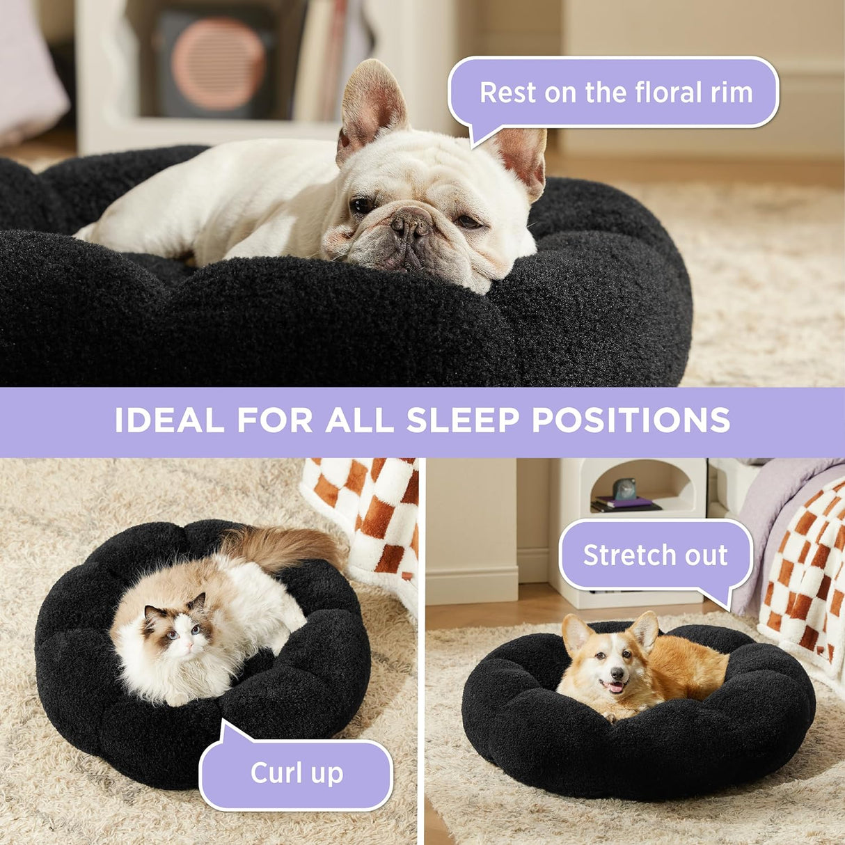 Cama grande calmante para perros de dona de flores en sherpa