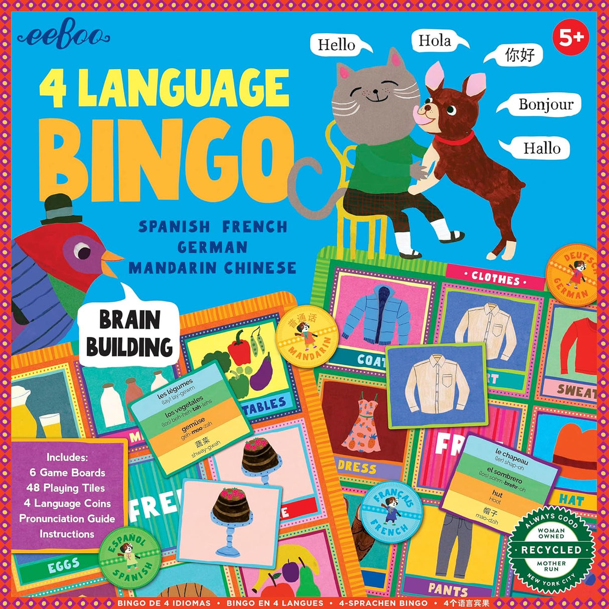 Juego de Bingo de Idiomas eeBoo: Español, Francés, Alemán, Chino