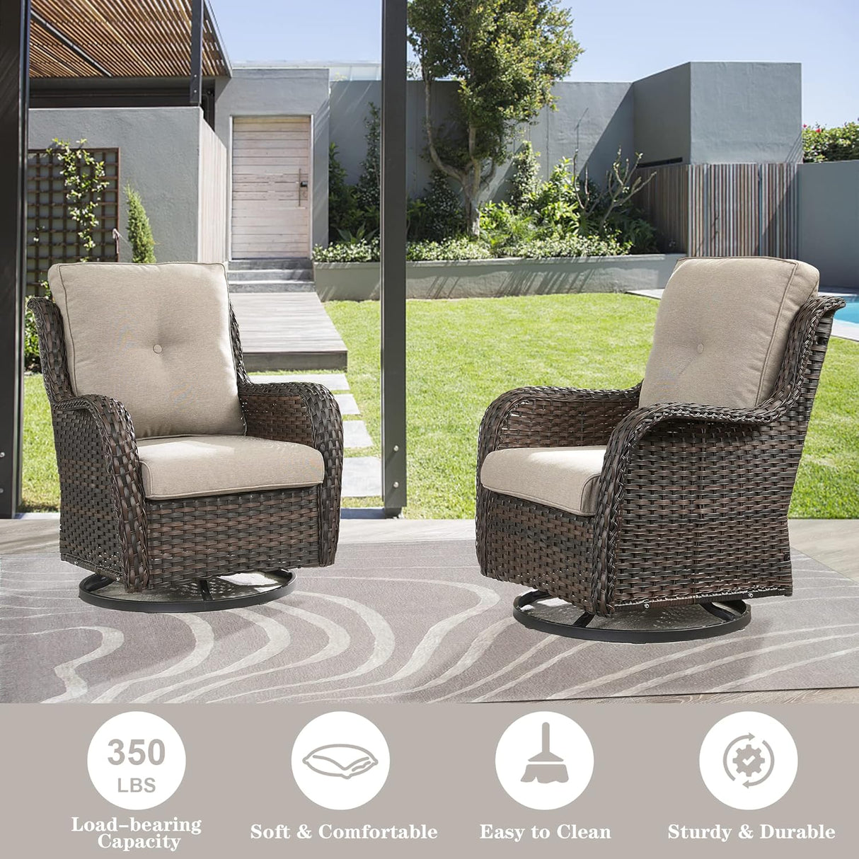 Belord Sofá seccional de muebles de exterior, sofá en forma de L, juego de mimbre para patio con 2 sillas deslizantes giratorias, juegos de conversación de ratán de 7 piezas con cojín beige para terraza, patio trasero, terraza y solárium