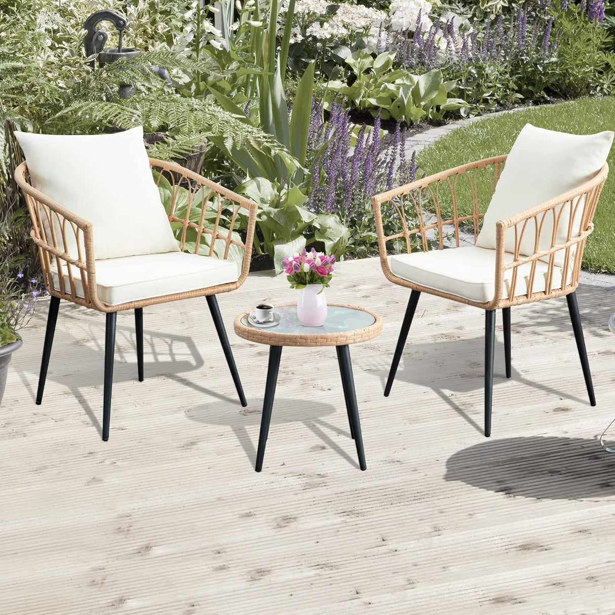 WENHAUS Juego de 3 piezas de muebles de mimbre para patio, juego de muebles de mimbre para todo tipo de clima, juego de conversación con cojines de mesa redonda para jardín, balcón, patio, porche, cubierta, beige