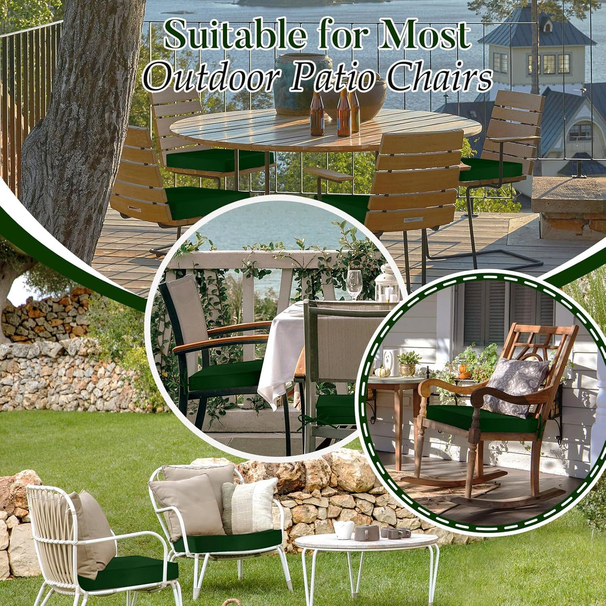 Basic Beyond Cojines para sillas de exterior para muebles de patio, impermeables, juego de 4 cojines de asiento de exterior de 19 x 19 pulgadas, cojines para sillas de patio con lazos y asa, verde