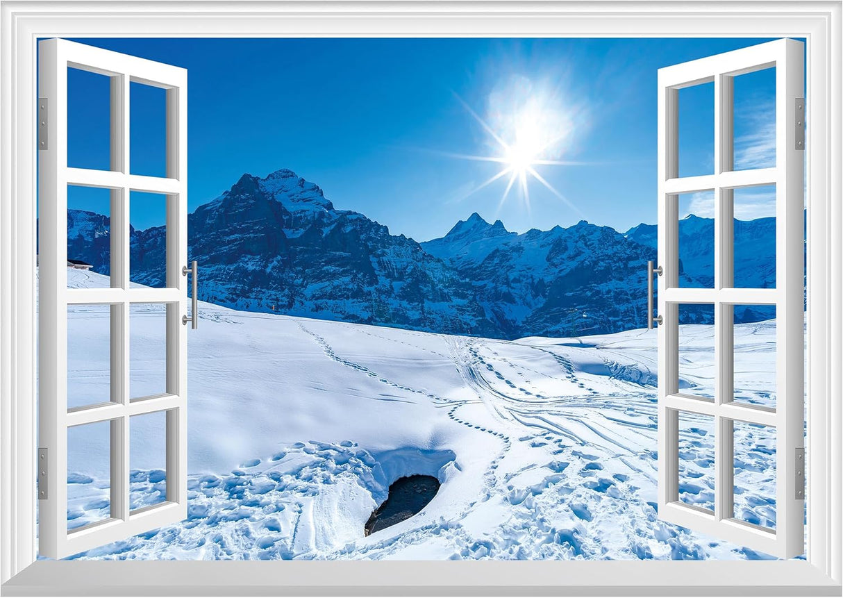 Adhesivo de pared falso para ventana mural de pared de nieve de invierno para decoración de pared, calcomanías de pared para pegar y despegar, 24 x 16 pulgadas