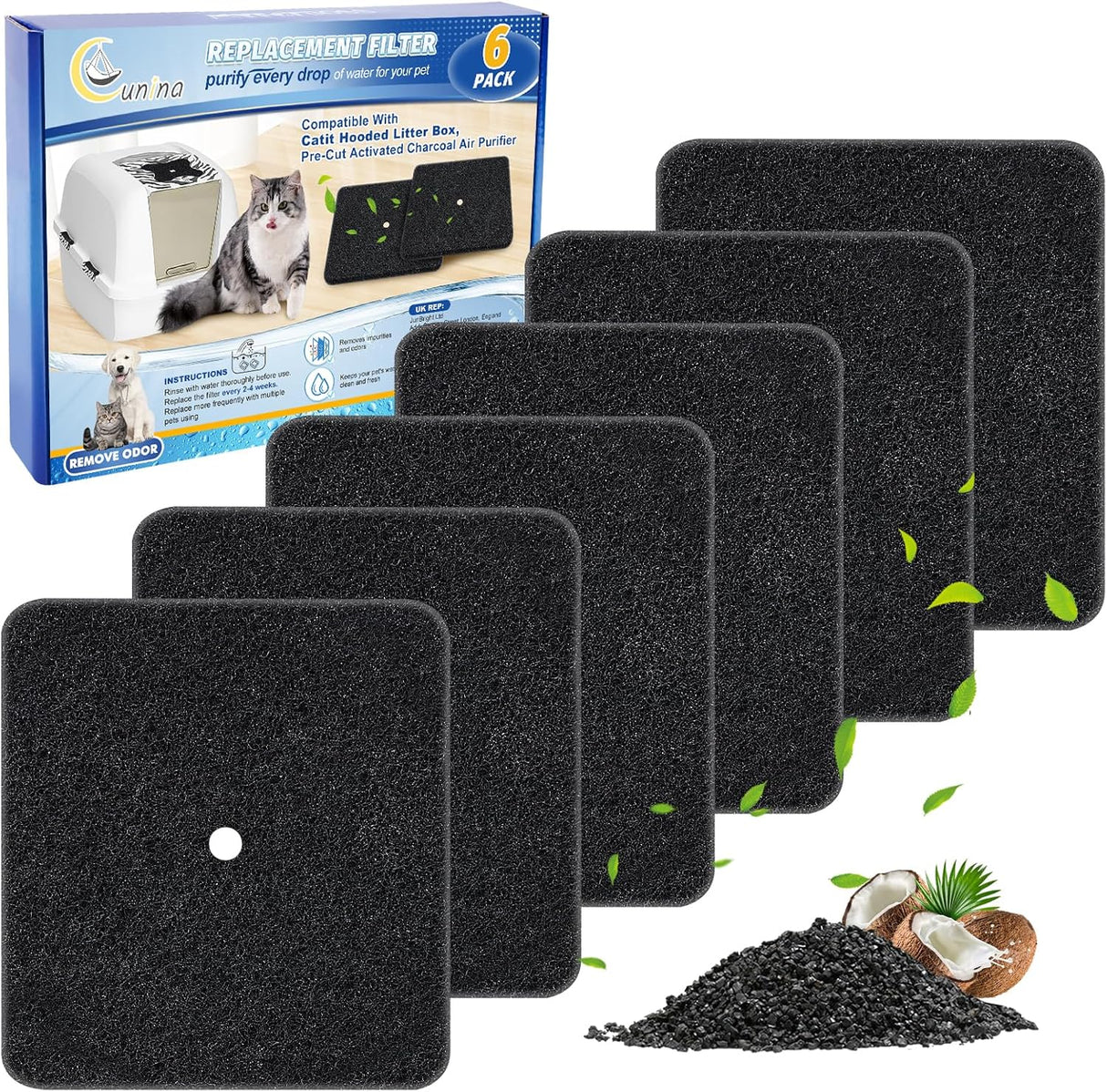 Paquete de 6 filtros de carbono para cajas de gatos Cunina