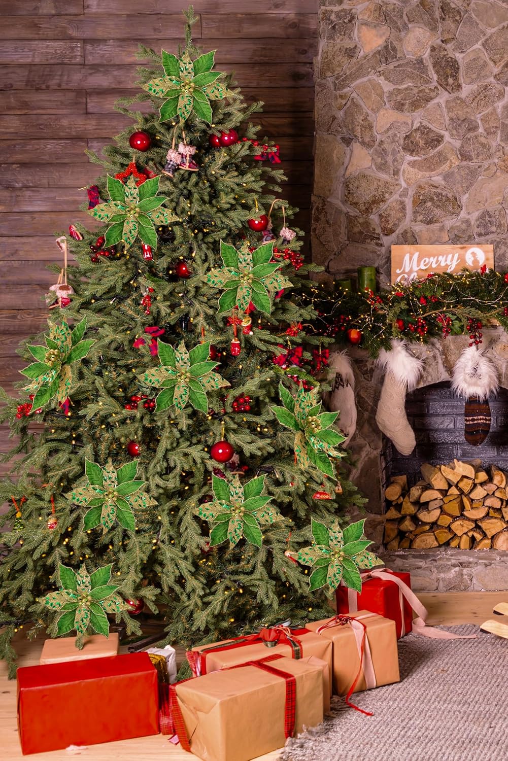 Flores Poinsettia Artificial Briful 12'' Set de 4 para Decorar