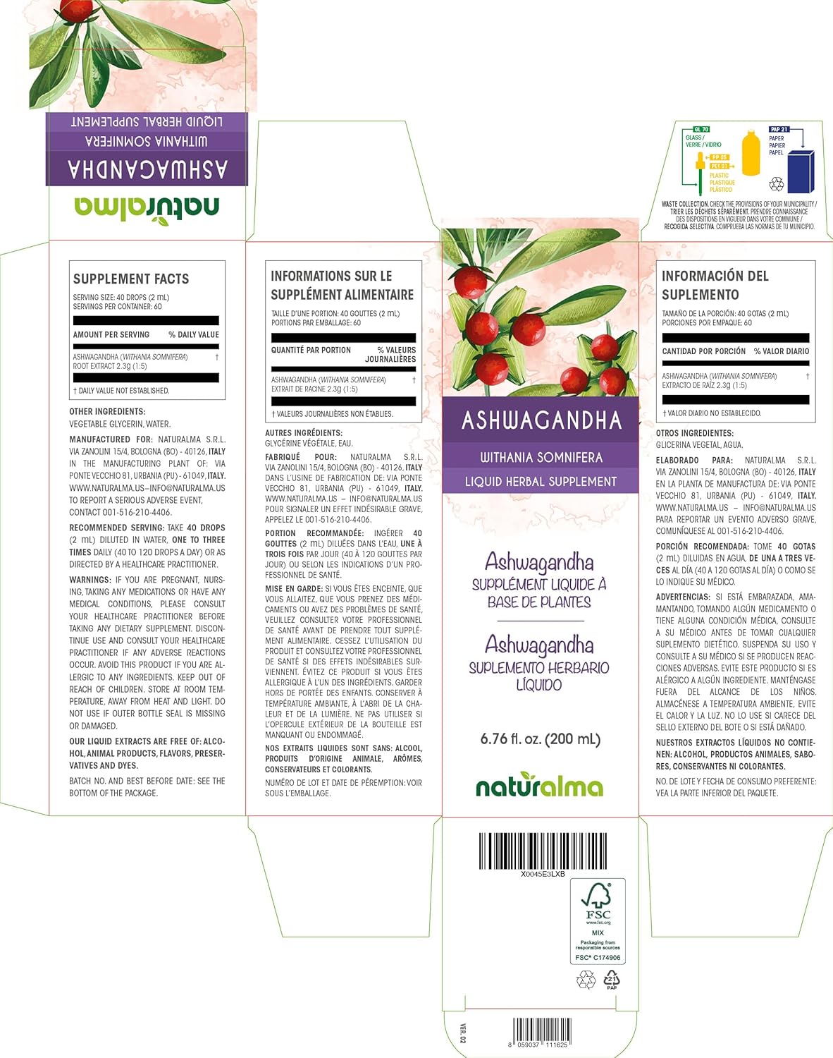 Tinctura de Raíz de Ashwagandha Naturalma - Sin Alcohol 200ml