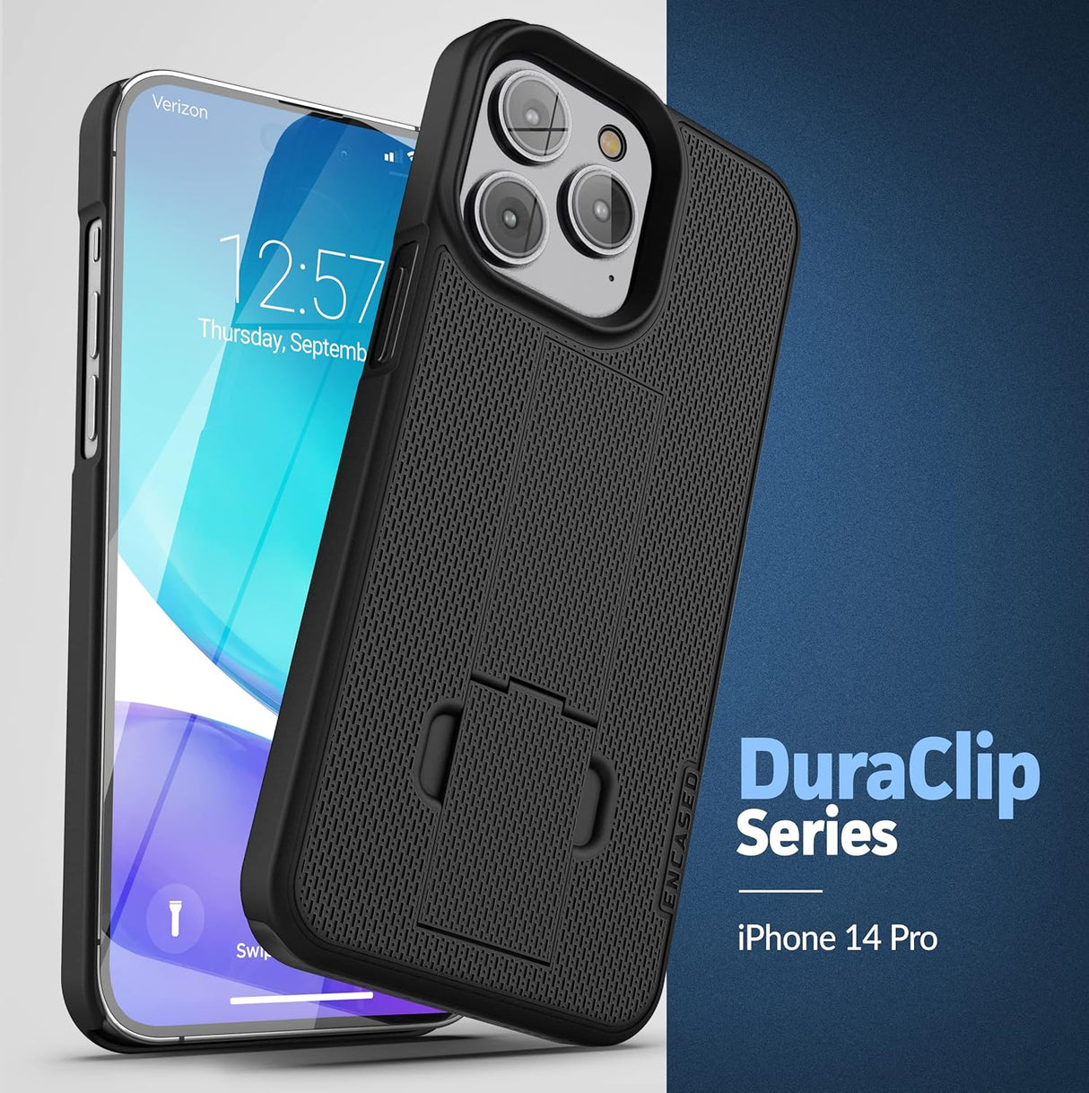 Encased DuraClip - Funda diseñada para iPhone 14 PRO con clip para cinturón y soporte (negro mate)