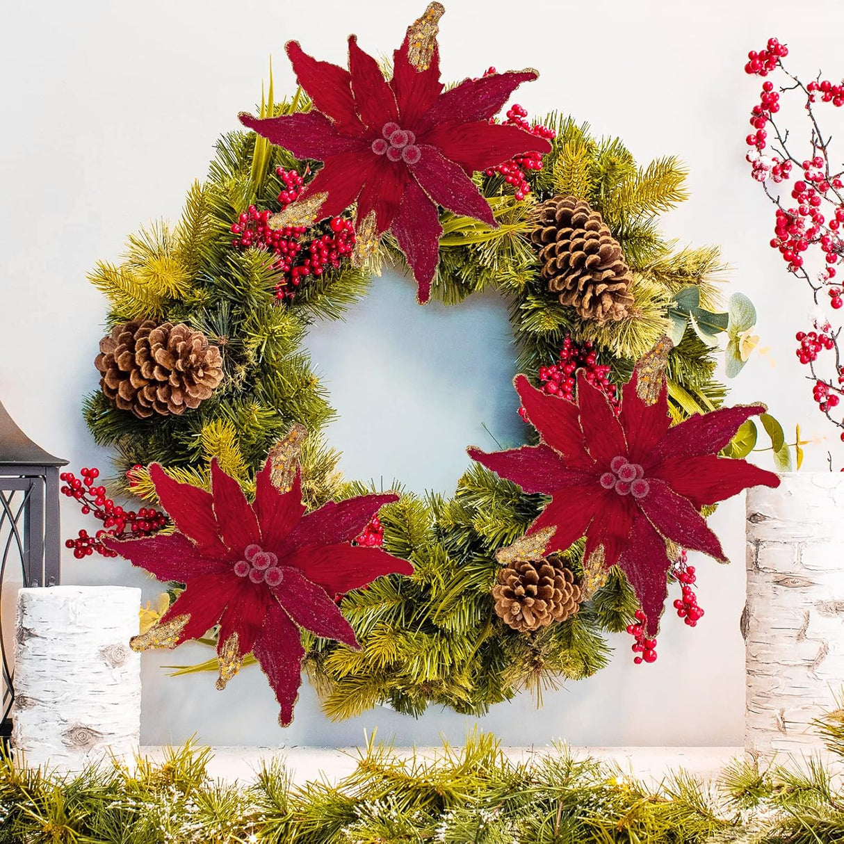 Flores Artificiales Briful 12'' Poinsettia para Decoración Navideña