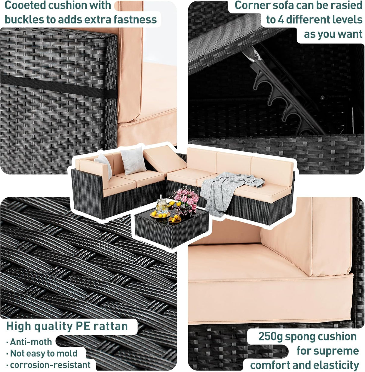 Pamapic - Juego sala seccionable en 7 piezas de mimbre para patio, conjunto de conversación al aire libre con mesa de centro y cojines lavables…