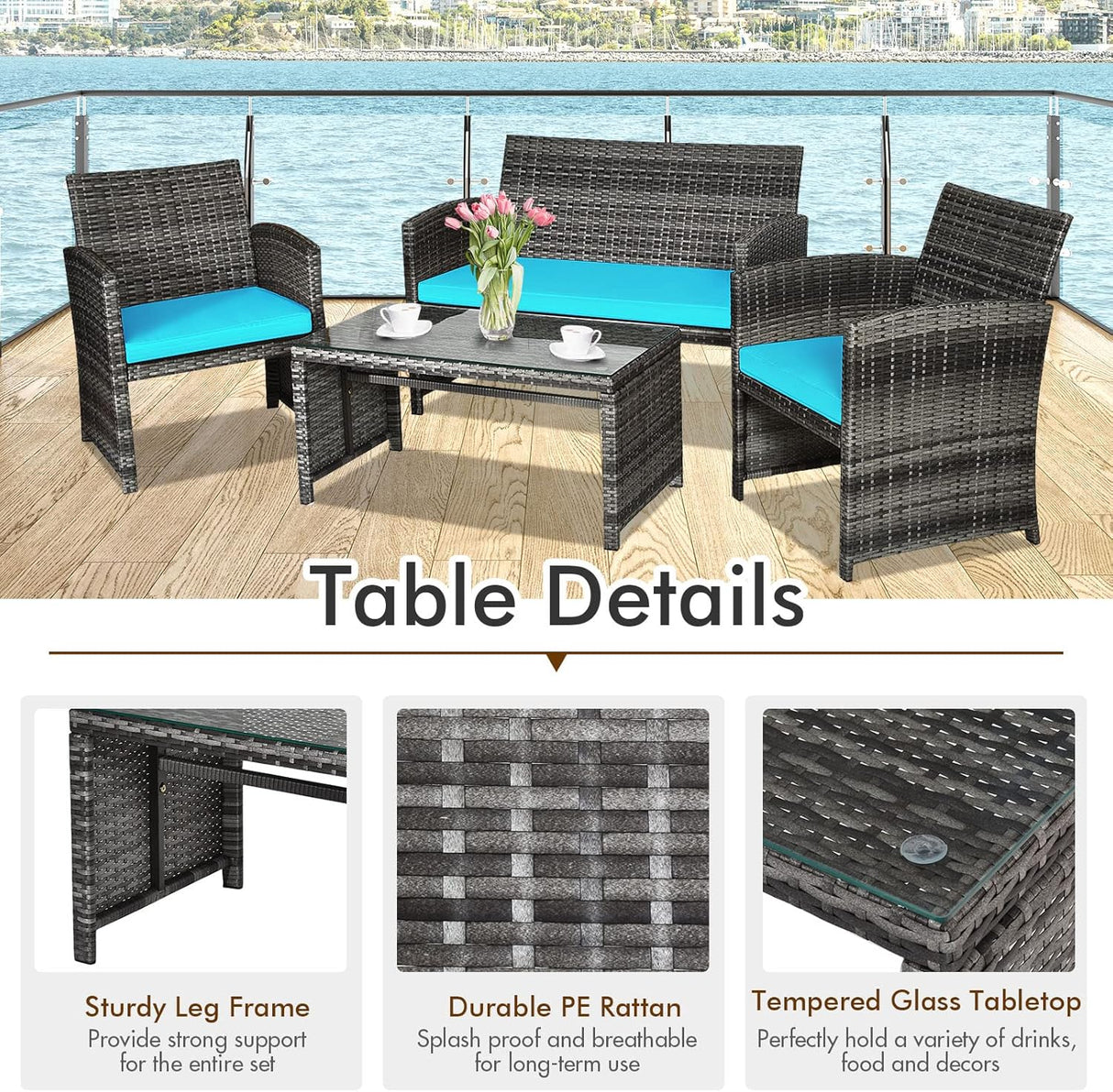 Goplus Juego de muebles de ratán de 4 piezas, sofá de conversación de mimbre para exteriores con cojines resistentes a la intemperie y mesa de vidrio templado para césped, patio, piscina, jardín (turquesa)