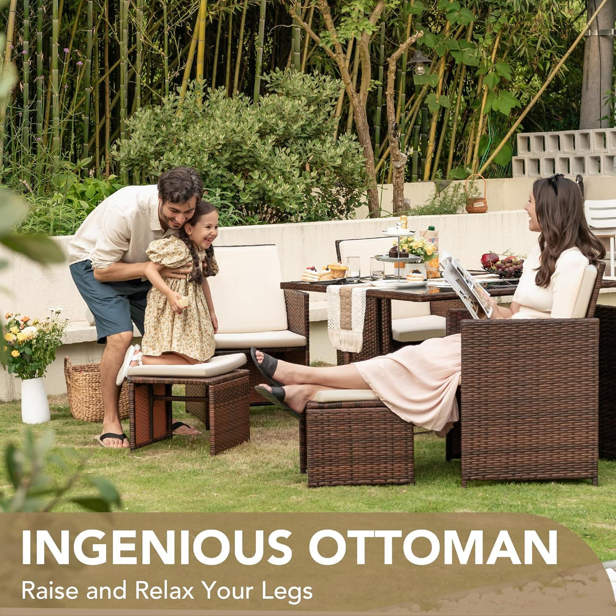 Devoko Juego de comedor para patio al aire libre, sillas de ratán con mesa de cristal para patio, conjunto de muebles acolchados de limpieza y respaldo con conversación seccional.