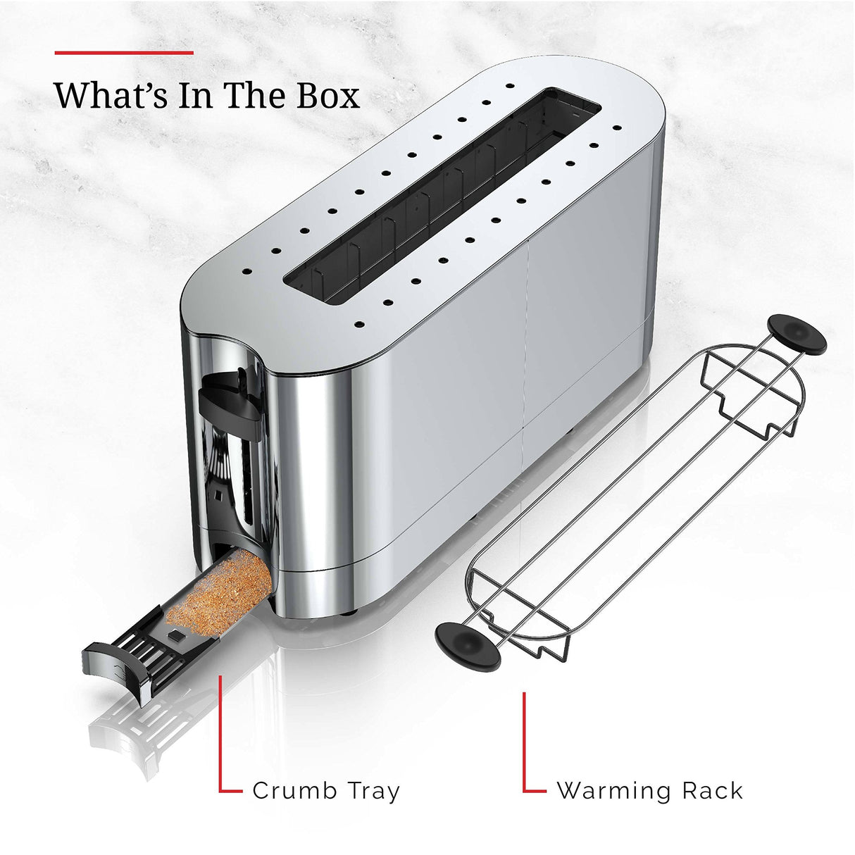 Tostadora larga con detalles de vidrio.