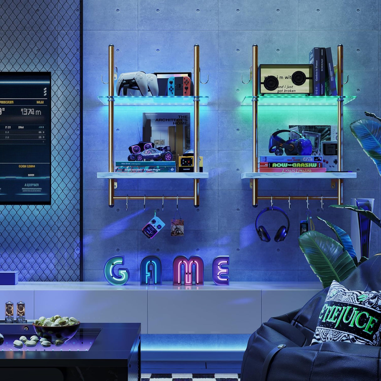 Estantes Flotantes LED Bestier, 2 Niveles con Barra y Ganchos