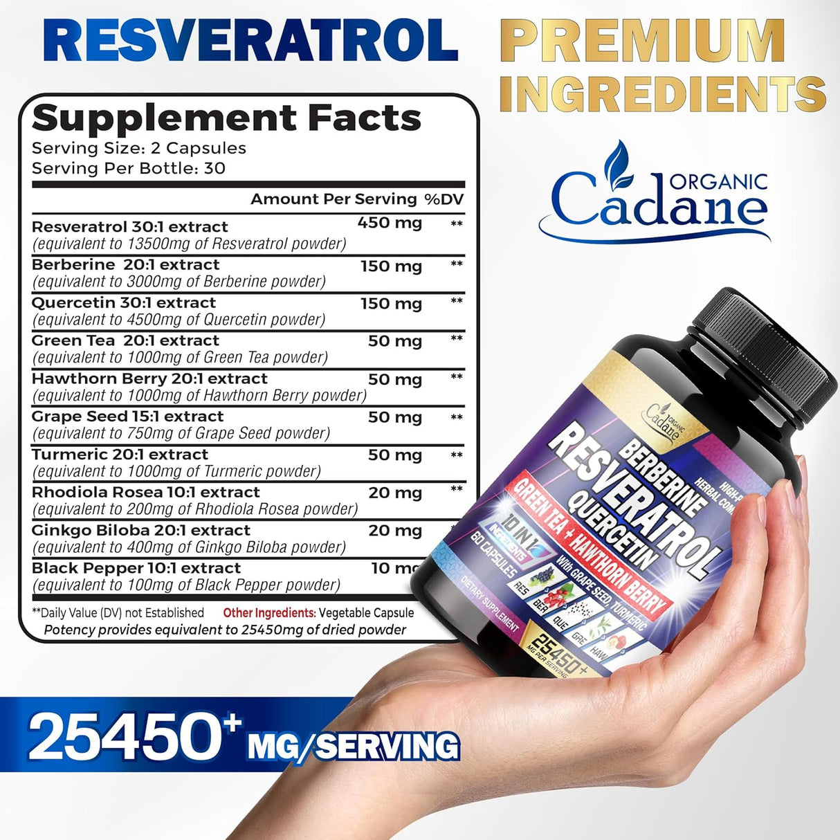 Suplemento de resveratrol prémium de 25450 mg Organic Cadane